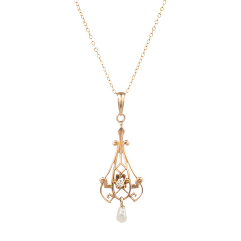 1910's Lavalier Pendant with Natural Mississippi Pearl and Diamond